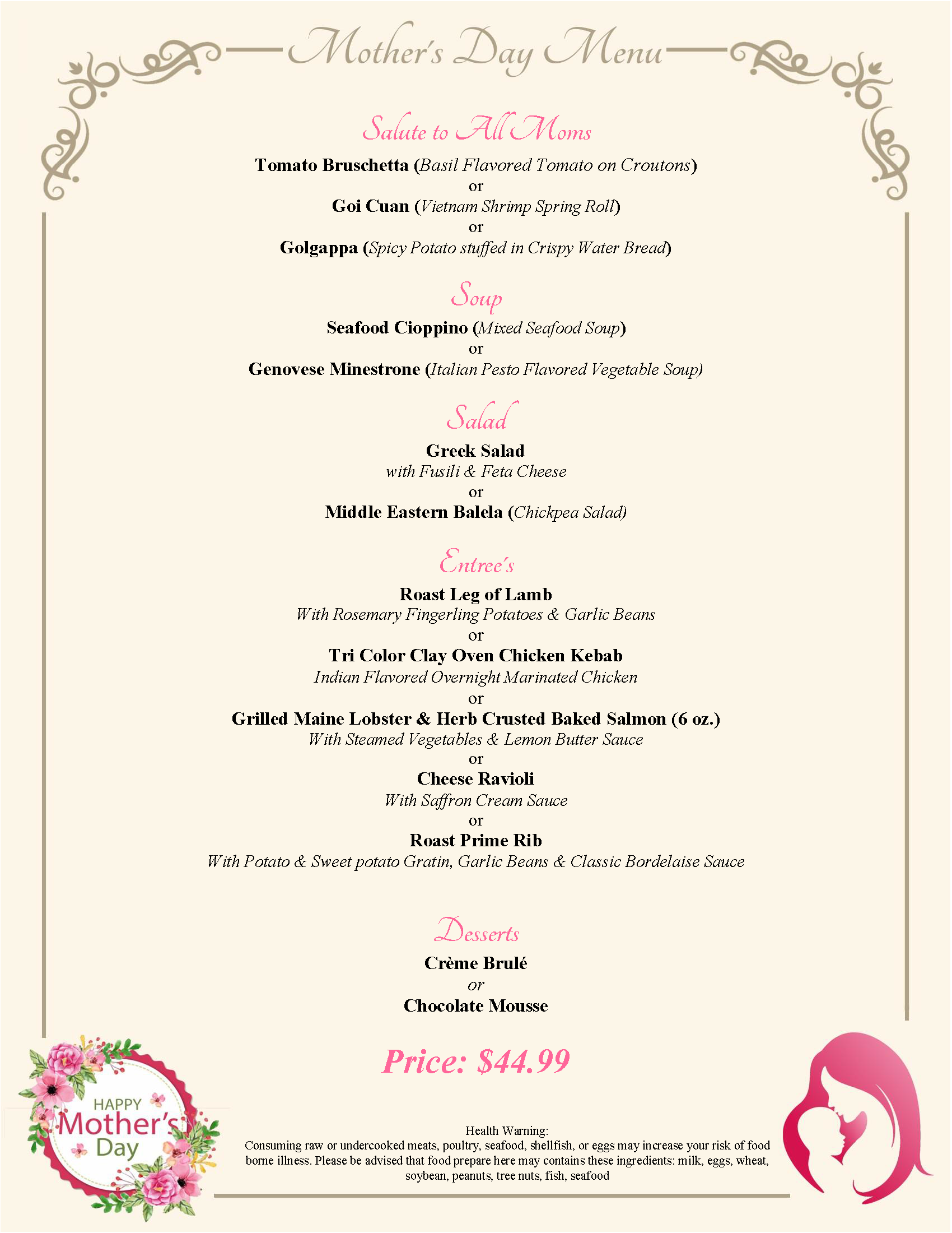 Mothers Day Menu for Sunset Bar & Grille in Trinidad, Colorado