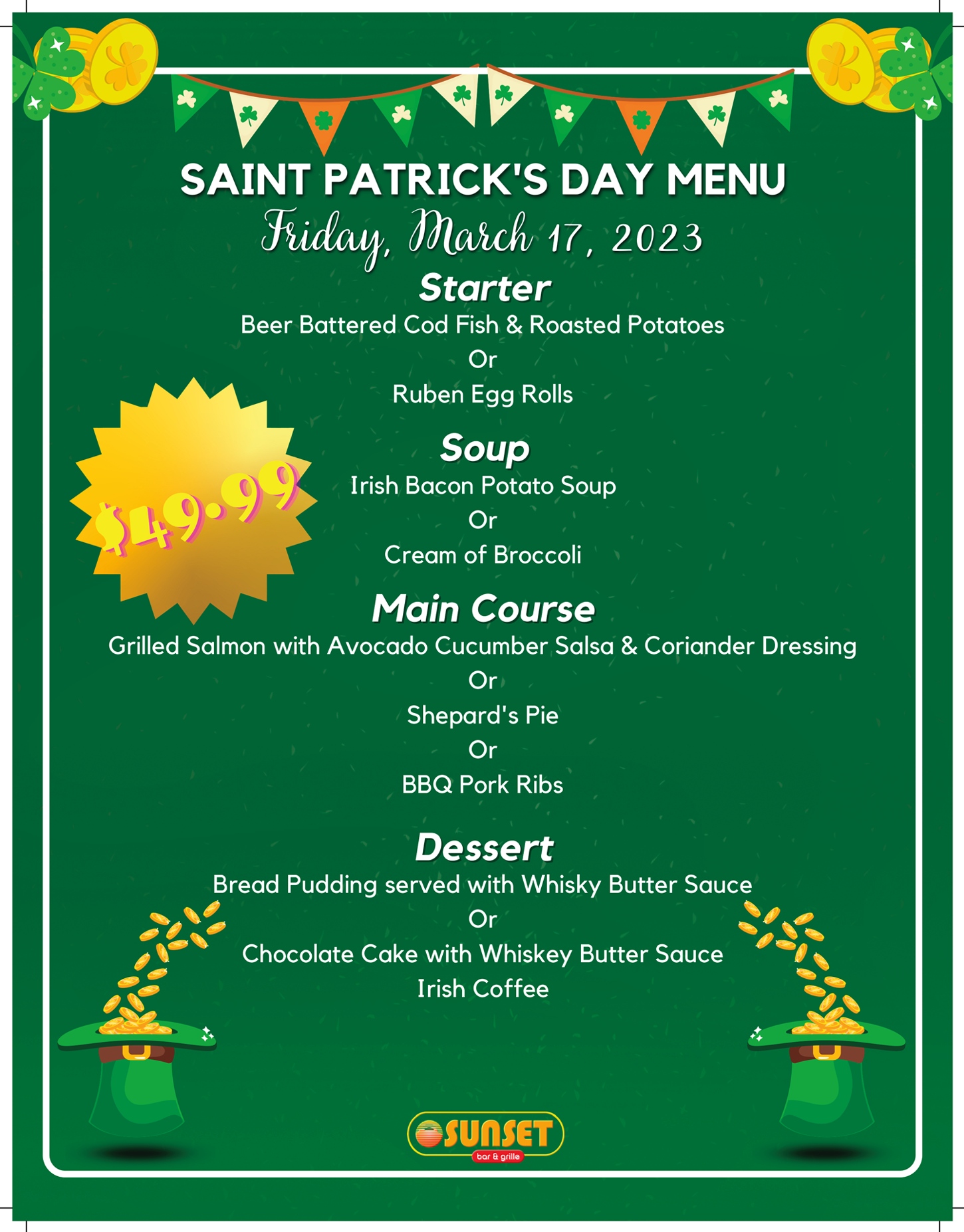 Saint Patrick's Day Menu for Sunset Bar & Grille in Trinidad, Colorado