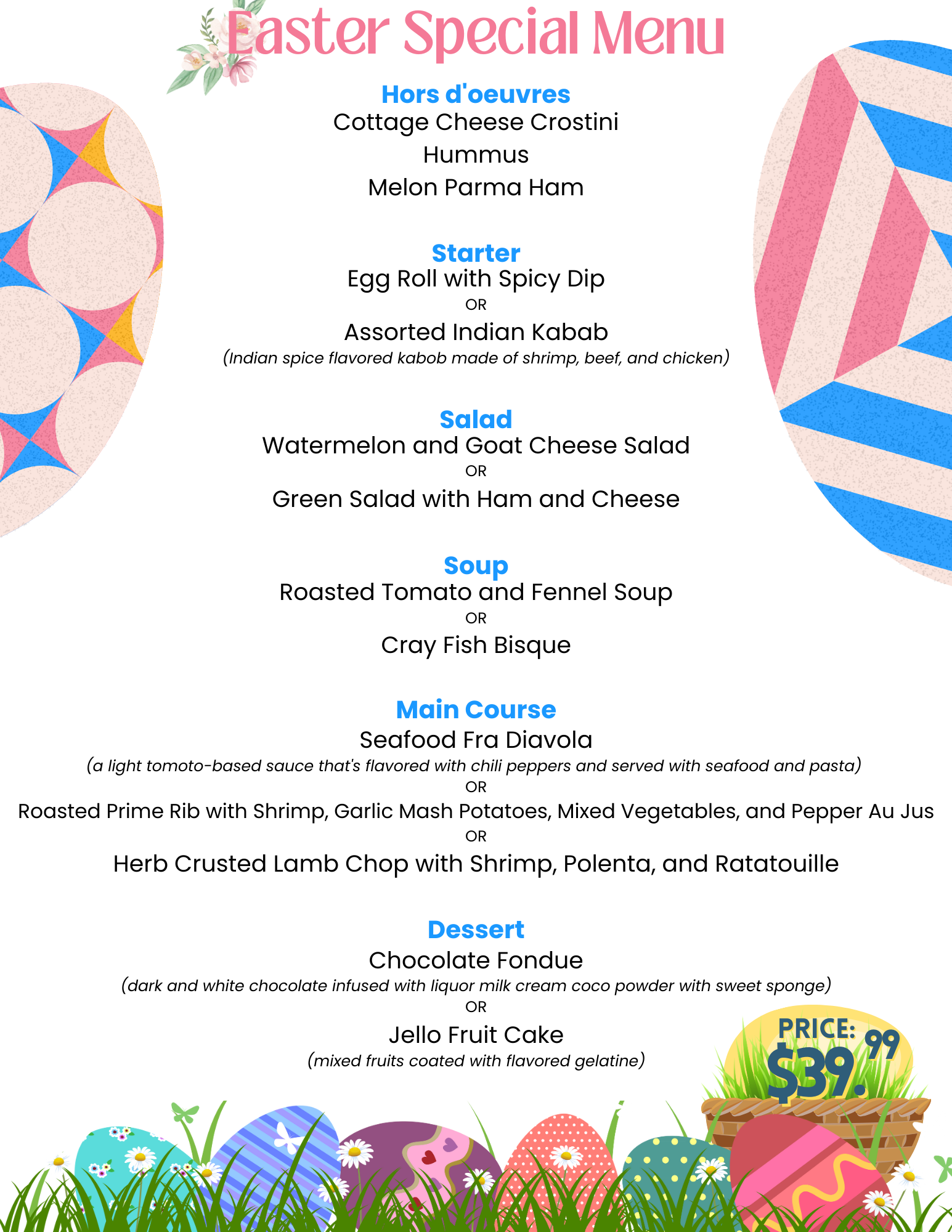 Easter Day Menu for Sunset Bar & Grille in Trinidad, Colorado